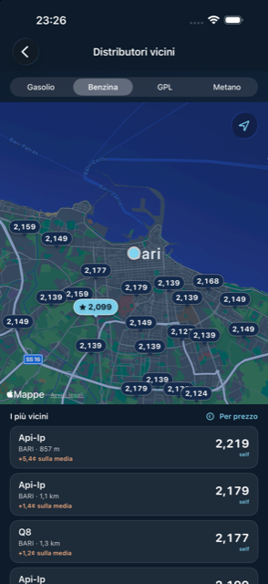 La mappa con i distributori e i prezzi